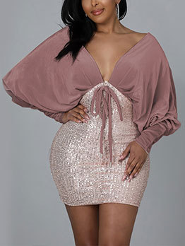 Sexy V Neck Sequined Patchwork Long Sleeve Dress 