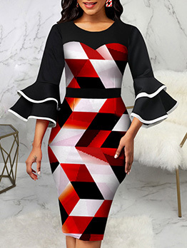 Geometry Printed Ruffled Sleeve Bodycon Dresses