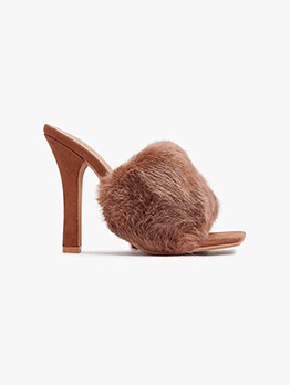 Chic Pure Color Faux Fur High Heel Slippers