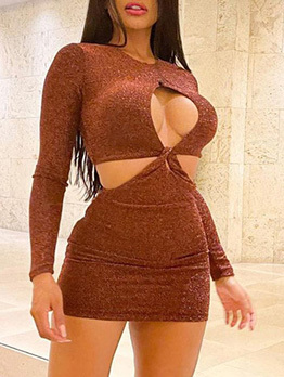 Trendy Hollow Out Crew Neck Long Sleeve Dress