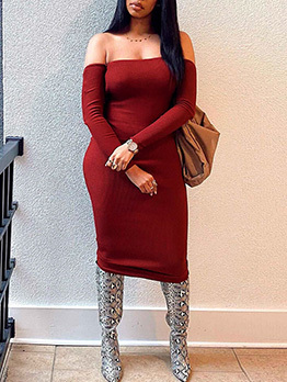 Trendy Solid Off The Shoulder Long Sleeve Midi Dress