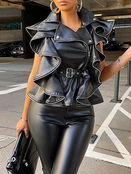 Individual Solid Ruffles Faux Leather Jacket