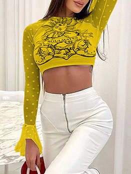 Street Graphic Print Flare Sleeve Cropped Tops
