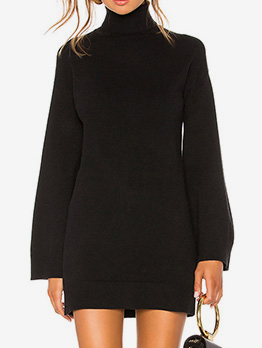 Loose Solid Long Sleeve Turtle Neck Sweater Dress