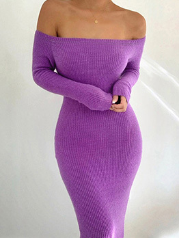 Sexy Solid Long Sleeve Off The Shoulder Dress