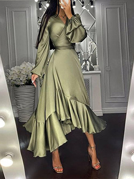Fashionable Solid V Neck Long Sleeve Maxi Dress