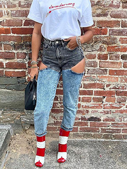 Stylish Colorblock Cutout Ladies Denim Jeans