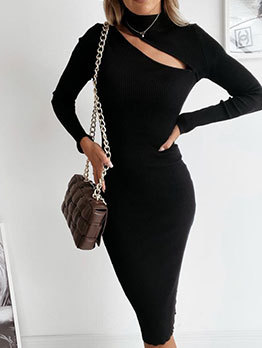 Individual Solid Inclined Hollow Long Sleeve Dress