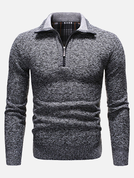 Plush Zipper Knitting Polo Collar Casual Sweater