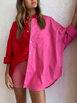 Casual Contrast Color  Loose Long Sleeve Fall Blouse