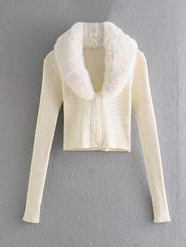 Ladies Fluffy Neck Long Sleeve Button Up Sweater