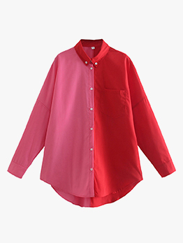 Casual Loose Contrast Color  Long Sleeve Ladies Blouse