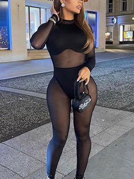 Sexy Black See Through Zipper Long Sleeve Bodycon Jumpsuit