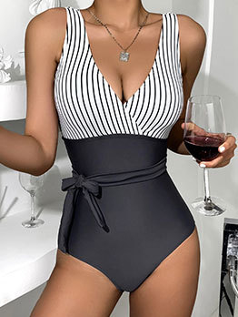 Deep V Striped Women One Piece Swimsuit