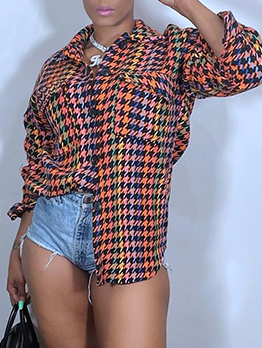 Loose Colorful Houndstooth Long Sleeve Blouse