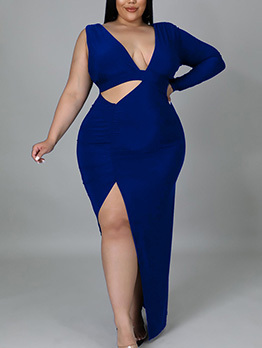 Plus Size Hollow Out V Neck Sexy Maxi Dress
