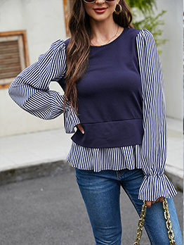 Patchwork Striped Crew Neck Flare Sleeve Blouse