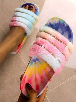 Colourful Printed Rhinestone Fluffy Slide Slippers