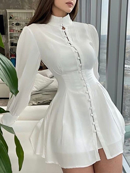 Casual White Mock Neck Long Sleeve Dress