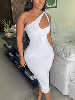 One Shoulder  White Sleeveless Maxi Dress For Women