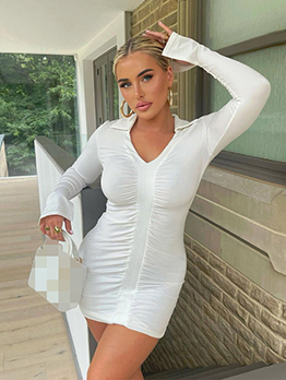 Fall V Neck Bodycon Ruched Long Sleeve Dress