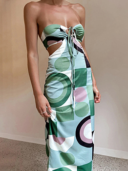 Geometric Print  Tie Wrap Halter Sleeveless Dress