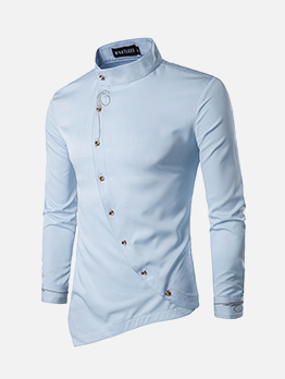 Solid Oblique Button Placket Long Sleeve Men Shirts