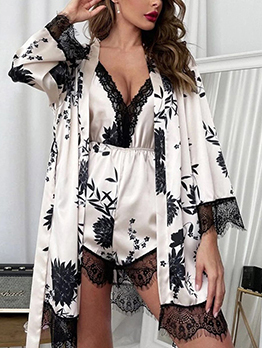 Sexy Printed Robe 2 Piece Pajama Set Womens