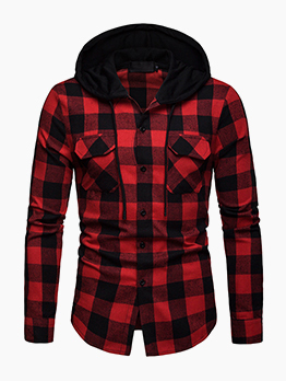 Leisure Style Button Up Hooded Collar Plaid Coat