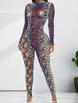 Sexy Snake Skin Print Long Sleeve Bodycon Jumpsuits