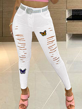 Butterfly Print Holes Skinny Denim Ladies Jeans