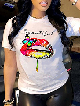 Comfy Short Sleeve Letter Lip Printed Tee