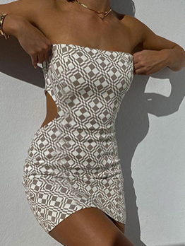 Designer Geometric Print  Hollow Out Strapless Prom  Dress