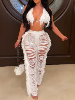 Sexy Hollow Out Tassel Two Piece Pants Set