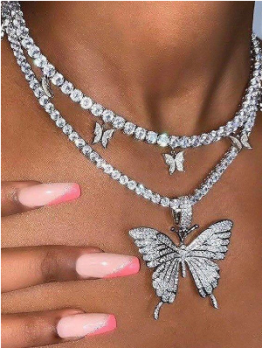  Rhinestone Butterfly Hip Hop Pendant Necklace