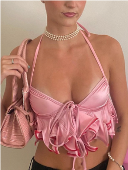 Sexy Cute Pink Satin  Halter Neck Cropped Tank Tops