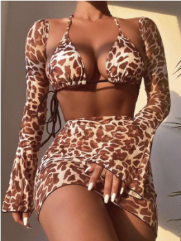 Sexy Flare Sleeve Leopard Bikini Swimwear Sets