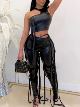  Sexy Sleeveless Vest And Imitation Leather Pants Suit
