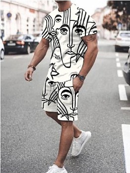  Casual Round Neck Print  T-Shirt And Shorts Suit