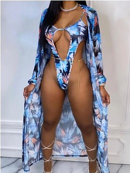 Hollow Out Printed One Piece Swimsuits And Long Coats