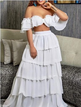 Ruffles Off The Shoulder Cropped Top And Maxi Skirt Sets