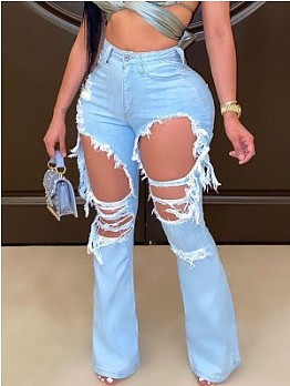Blue Ripped Hollow Out Bootcut Jean Pants