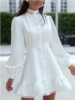 Ladies White Lantern Sleeve Fall Short Dress