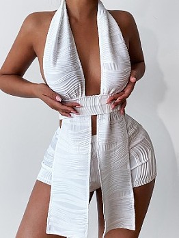  Hollowed Out Backless Pure Color Two-piece Suit