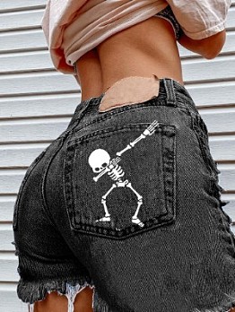 Hip Hop Style Skull Printing Hole Design Denim Short Pants 