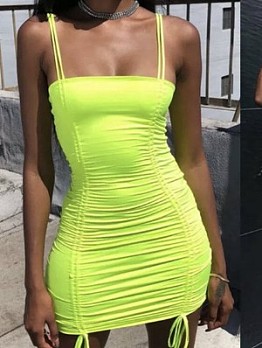  Sexy Pure Color Ruched Drawstring Sleeveless Dress