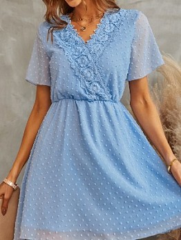  Summer V-Neck Lace Patchwork Short Sleeve Dress