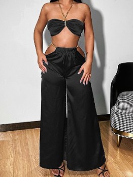 Urban Style Cropped Halter Top And Wide Leg Trouser Sets