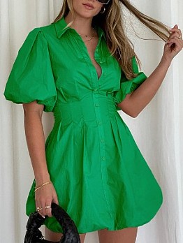  Summer Pure Color Puff Sleeve Women's Short Sleeve Dress