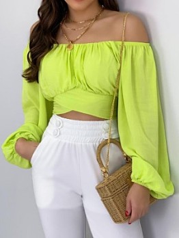  Summer Pure Color Off Shoulder Puff Sleeve Blouses
